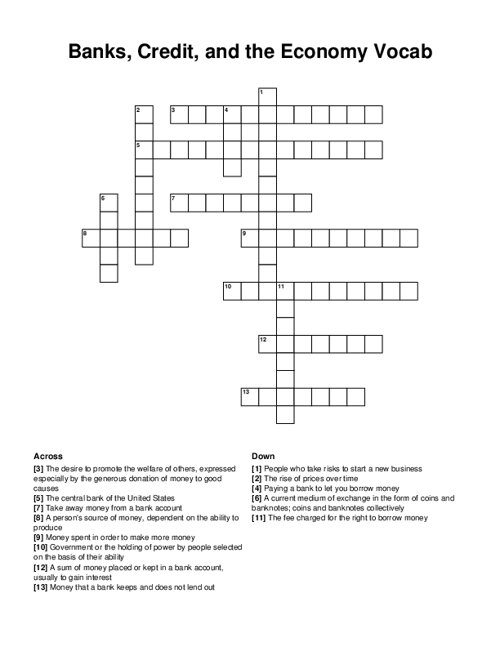 Banks, Credit, and the Economy Vocab Crossword Puzzle