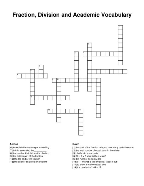 Fraction, Division and Academic Vocabulary Crossword Puzzle