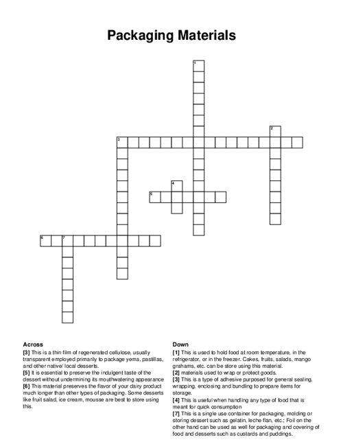 Packaging Materials Crossword Puzzle