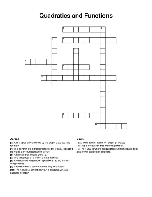 Quadratics and Functions Crossword Puzzle