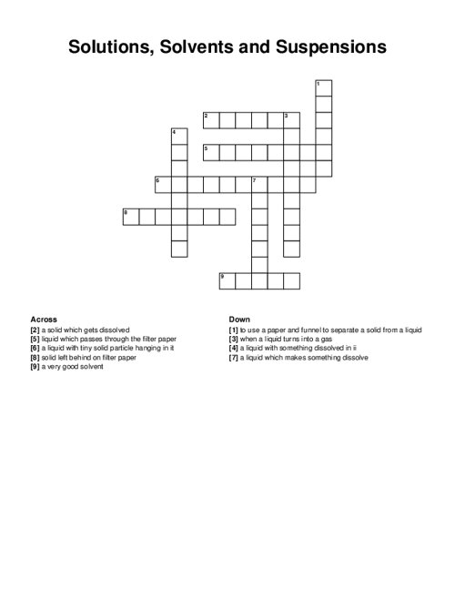 Solutions, Solvents and Suspensions Crossword Puzzle