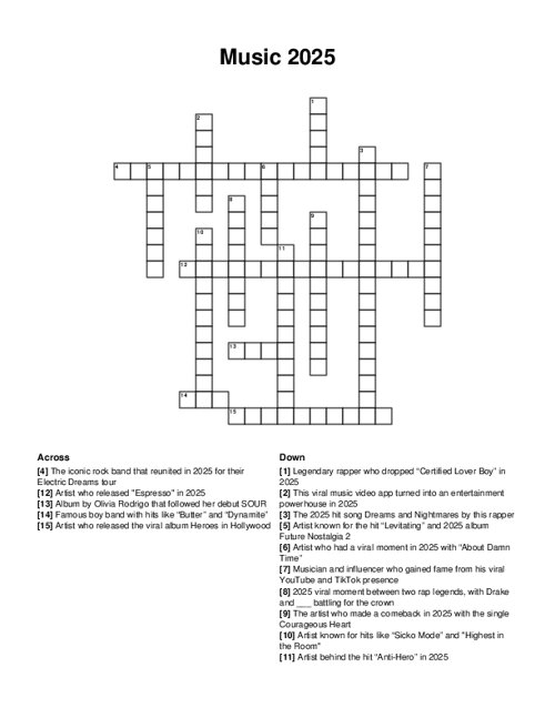Music 2025 Crossword Puzzle
