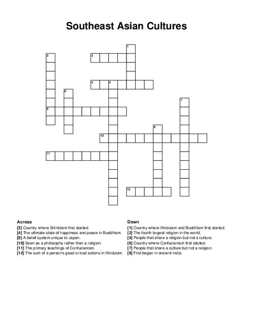 Southeast Asian Cultures Crossword Puzzle