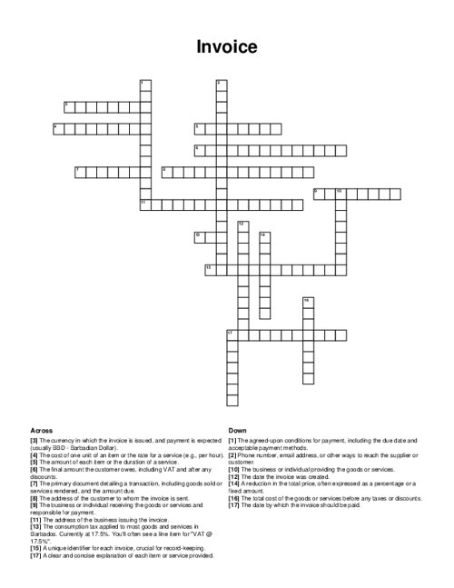 Invoice Crossword Puzzle