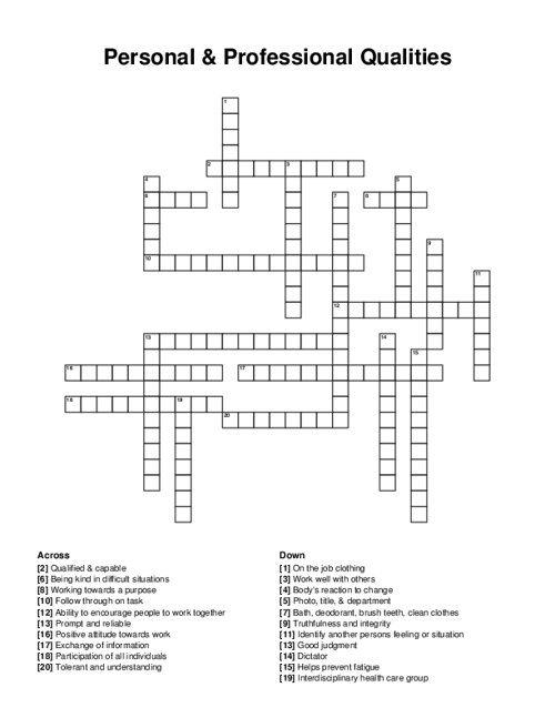 Personal & Professional Qualities Crossword Puzzle