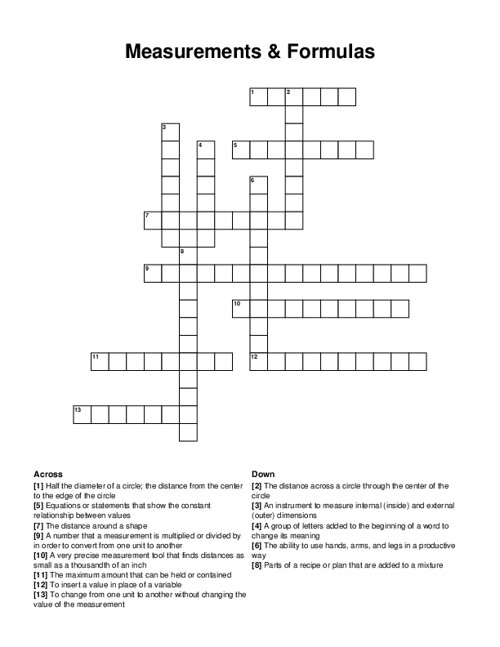 Measurements & Formulas Crossword Puzzle