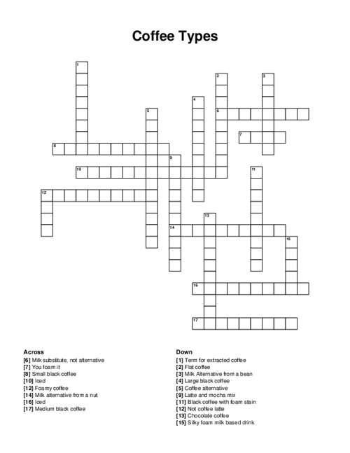 Coffee Types Crossword Puzzle