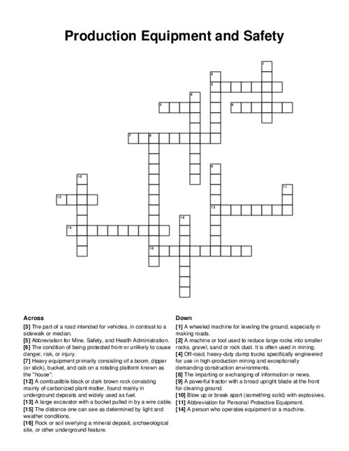 Production Equipment and Safety Crossword Puzzle