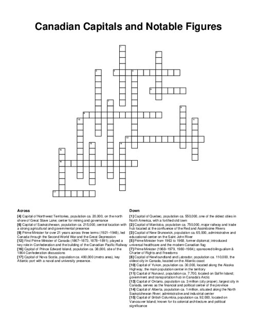 Canadian Capitals and Notable Figures Crossword Puzzle