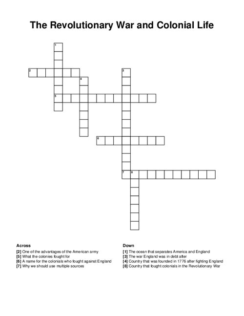 The Revolutionary War and Colonial Life Crossword Puzzle
