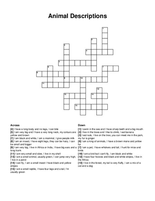Animal Descriptions Crossword Puzzle