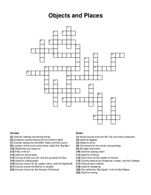 Objects and Places Crossword Puzzle