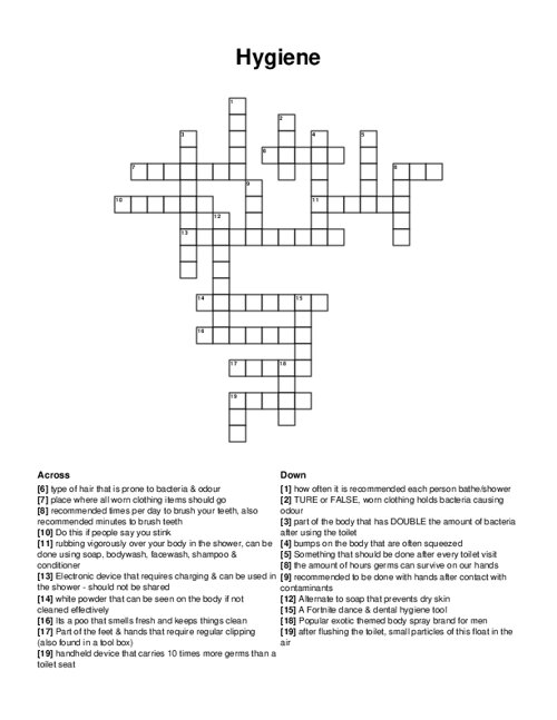Hygiene Crossword Puzzle
