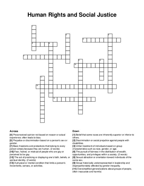 Human Rights and Social Justice Crossword Puzzle