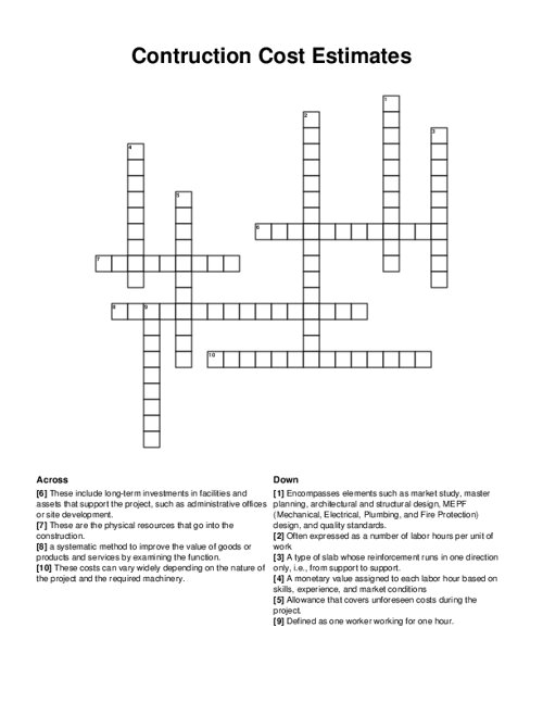 Contruction Cost Estimates Crossword Puzzle