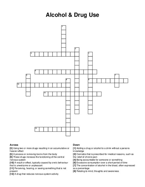 Alcohol & Drug Use Crossword Puzzle
