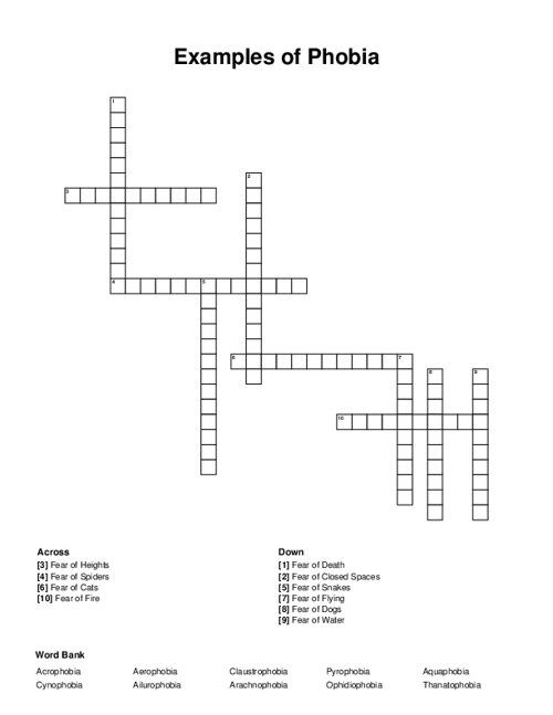 Examples of Phobia Crossword Puzzle