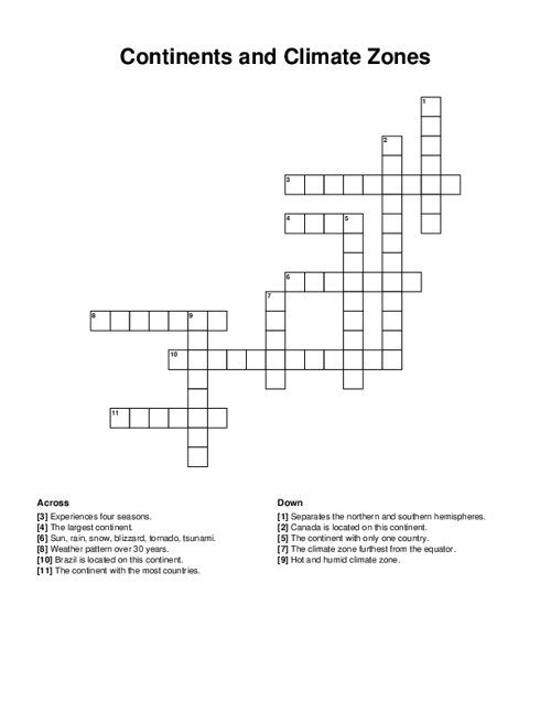 Continents and Climate Zones Crossword Puzzle