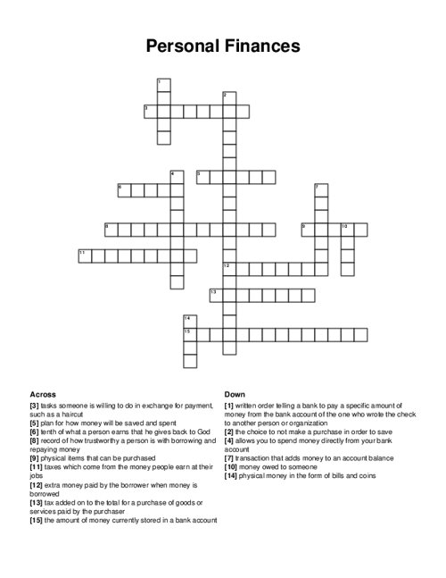 Personal Finances Crossword Puzzle