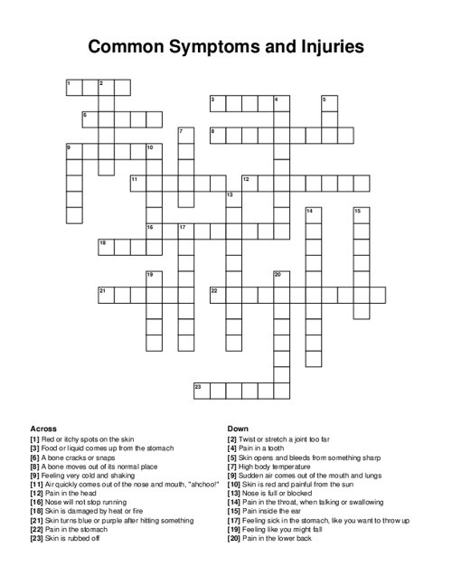 Common Symptoms and Injuries Crossword Puzzle