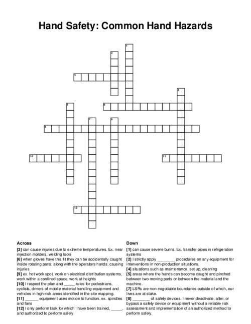 Hand Safety: Common Hand Hazards Crossword Puzzle