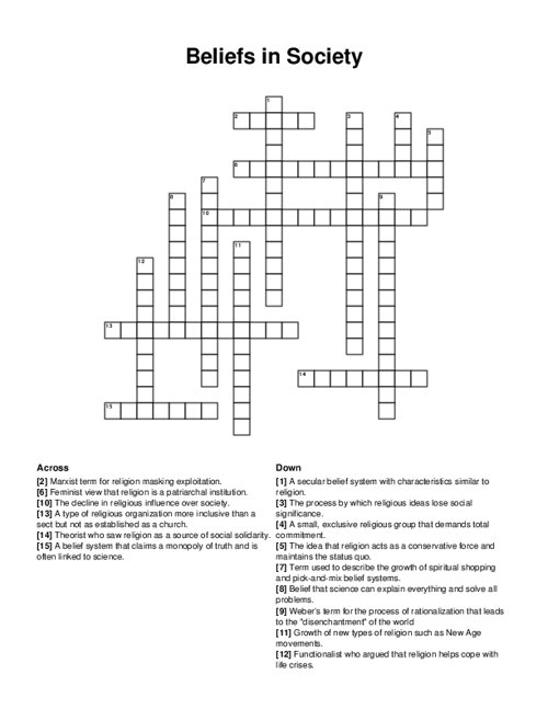 Beliefs in Society Crossword Puzzle