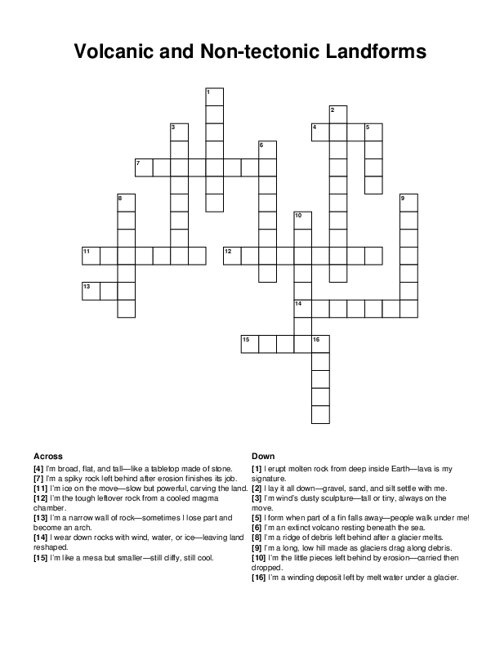 Volcanic and Non-tectonic Landforms Crossword Puzzle