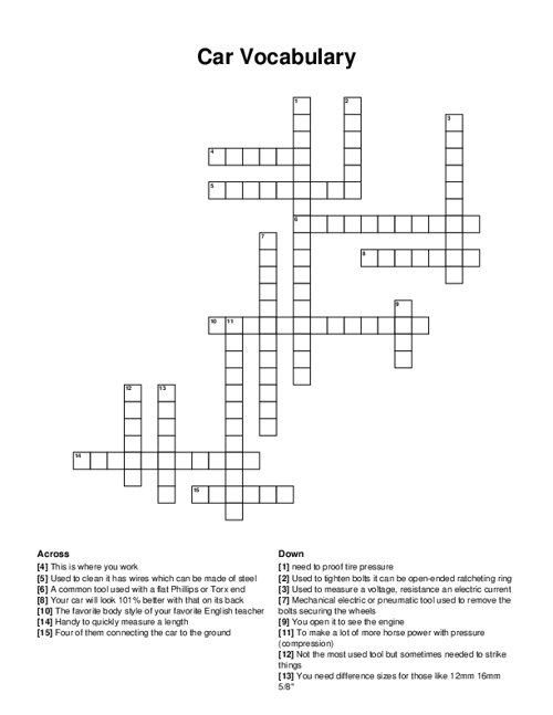 Car Vocabulary Crossword Puzzle