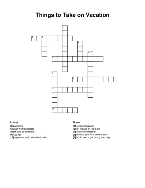 Things to Take on Vacation Crossword Puzzle