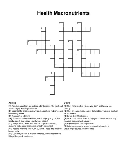 Health Macronutrients Crossword Puzzle