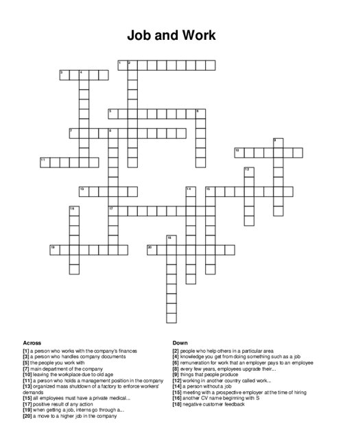 Job and Work Crossword Puzzle