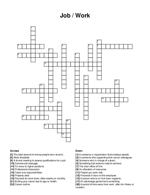 Job / Work Crossword Puzzle