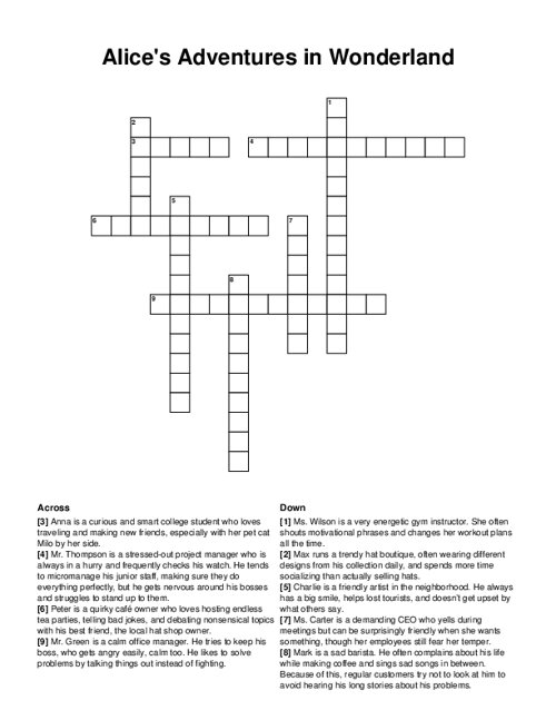 Alices Adventures in Wonderland Crossword Puzzle