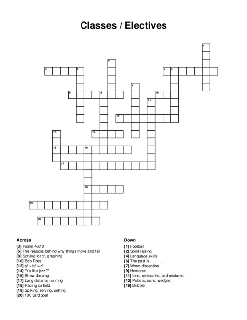 Classes / Electives Crossword Puzzle