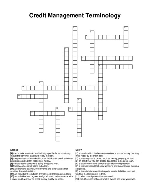 Credit Management Terminology Crossword Puzzle