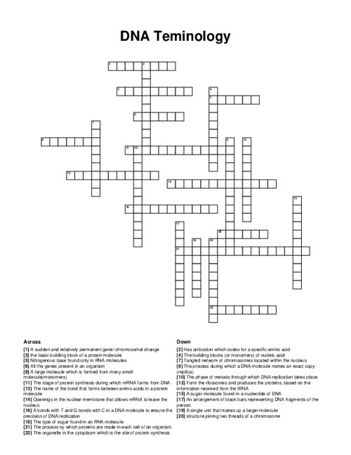 DNA Teminology Crossword Puzzle