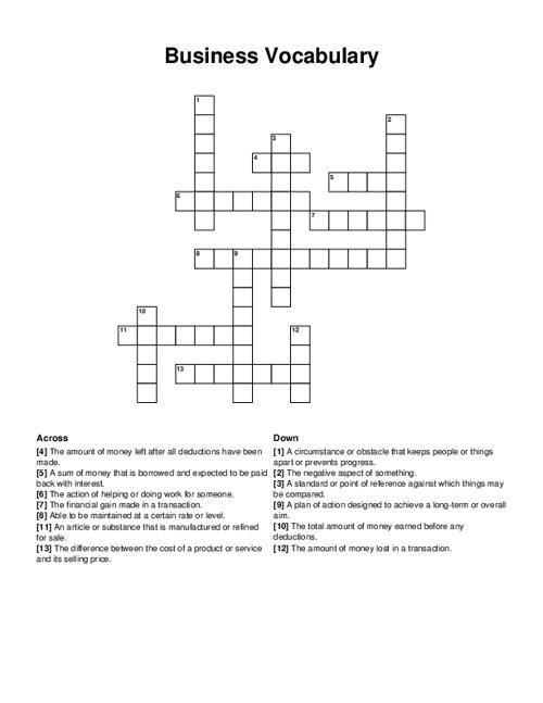 Business Vocabulary Crossword Puzzle