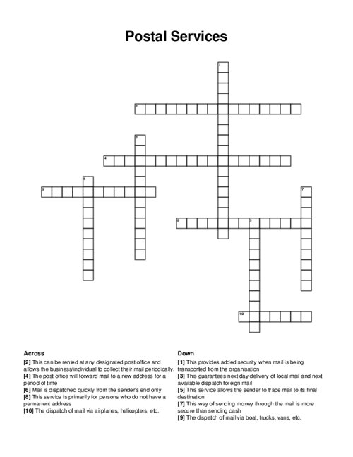 Postal Services Crossword Puzzle