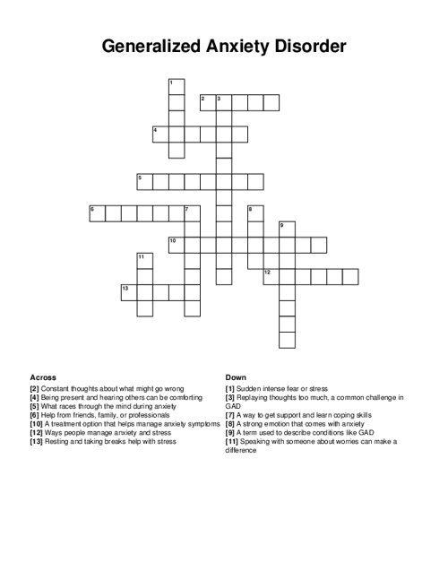 Generalized Anxiety Disorder Crossword Puzzle