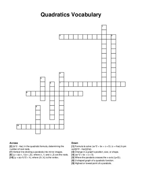 Quadratics Vocabulary Crossword Puzzle