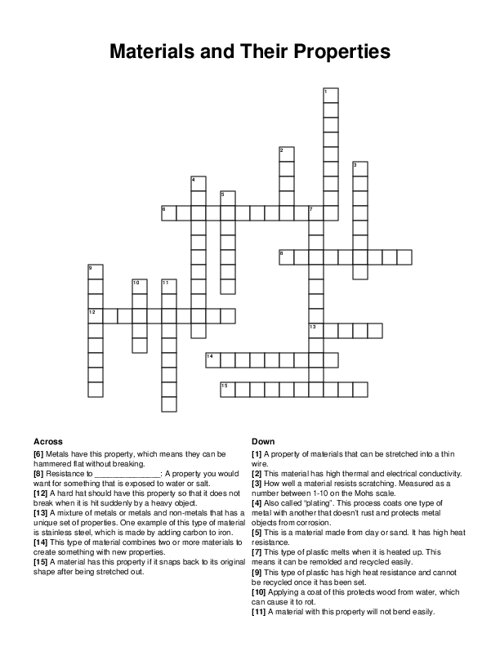 Materials and Their Properties Crossword Puzzle