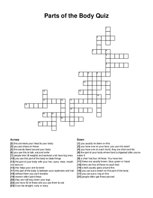 Parts of the Body Quiz Crossword Puzzle