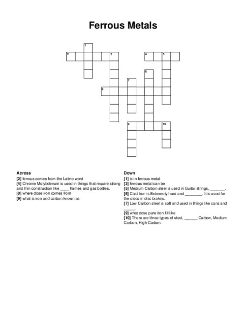 Ferrous Metals Crossword Puzzle