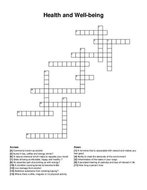 Health and Well-being Crossword Puzzle