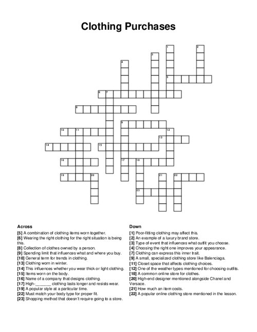 Clothing Purchases Crossword Puzzle
