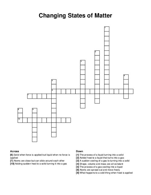 Changing States of Matter Crossword Puzzle