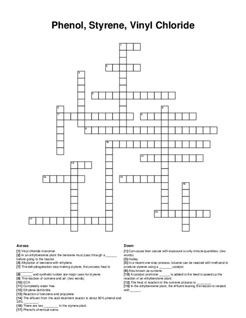 Phenol, Styrene, Vinyl Chloride Crossword Puzzle