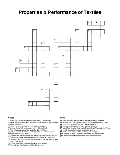 Properties & Performance of Textiles Crossword Puzzle