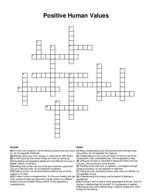 Positive Human Values Crossword Puzzle