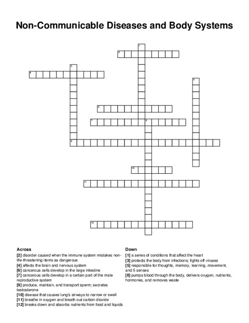 Non-Communicable Diseases and Body Systems Crossword Puzzle